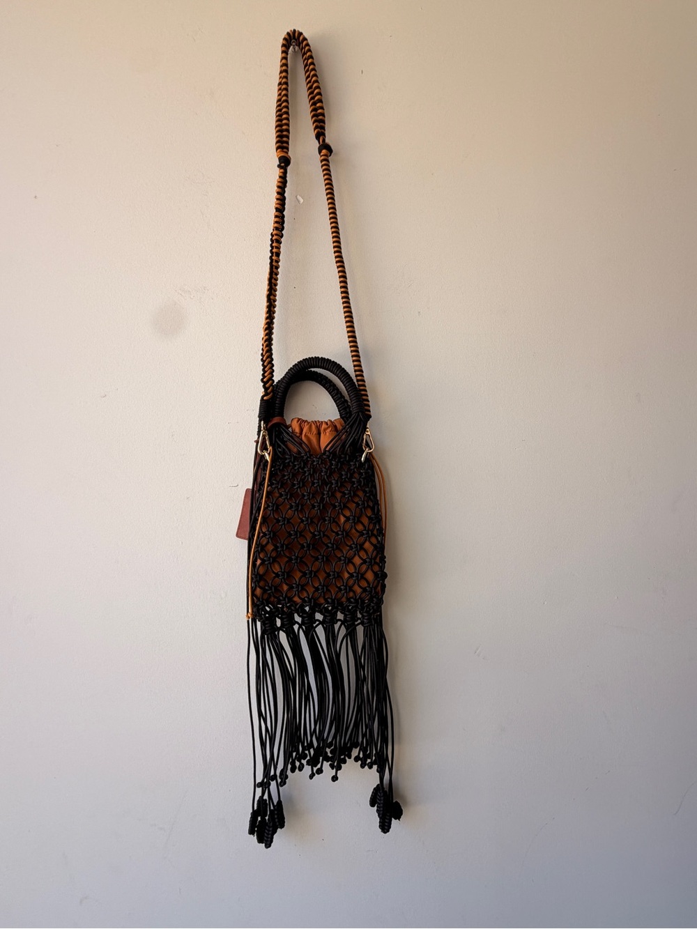 Poppy Lissiman Braided Fringe Crossbody Bag - Black and Brown